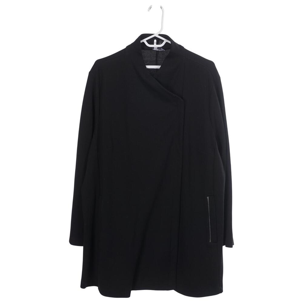 Eileen Fisher Jacket 2X Black Full Zip Leather Trim Pockets Classic Capsule